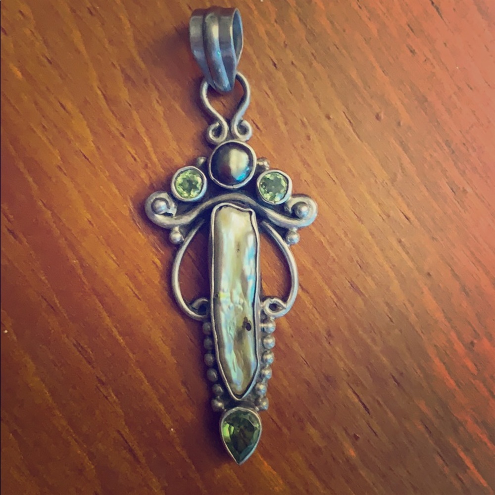 Boho sterling mother of pearl, peridot pendant